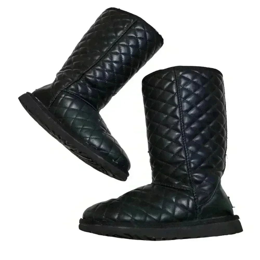 Ugg Tall Leather Quilted Diamond Boots Black Size 5 Limited Edition Rare